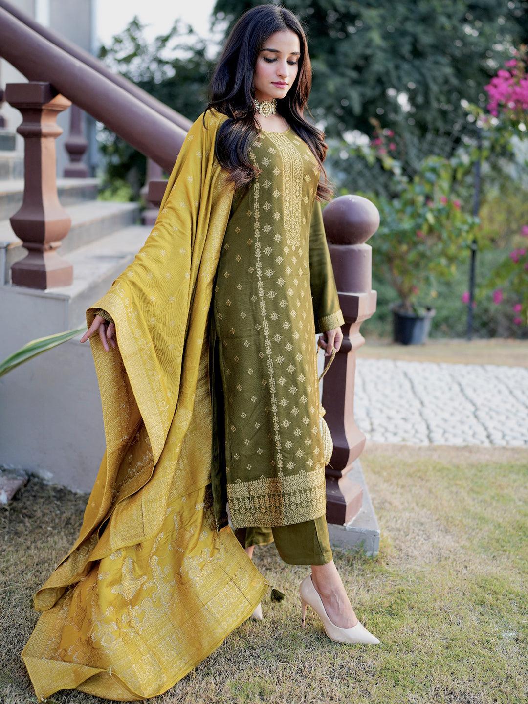 Olive Self Design Pashmina Wool Straight Suit Set - ShopLibas