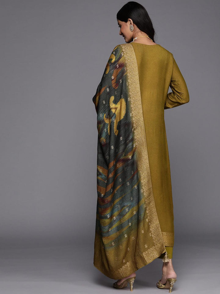 Olive Self Design Pashmina Wool Straight Suit Set - ShopLibas
