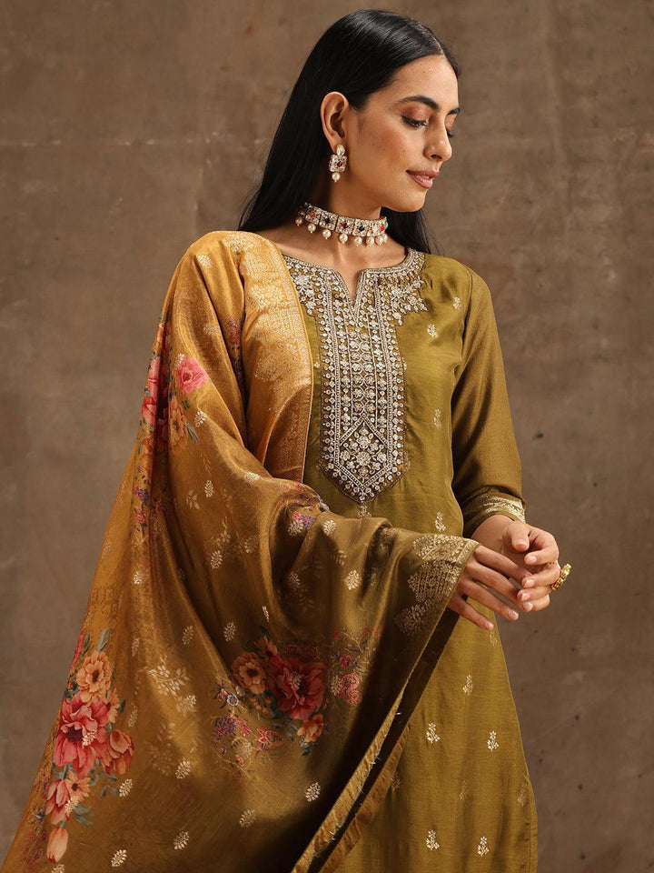 Olive Self Design Silk Suit Set With Trousers