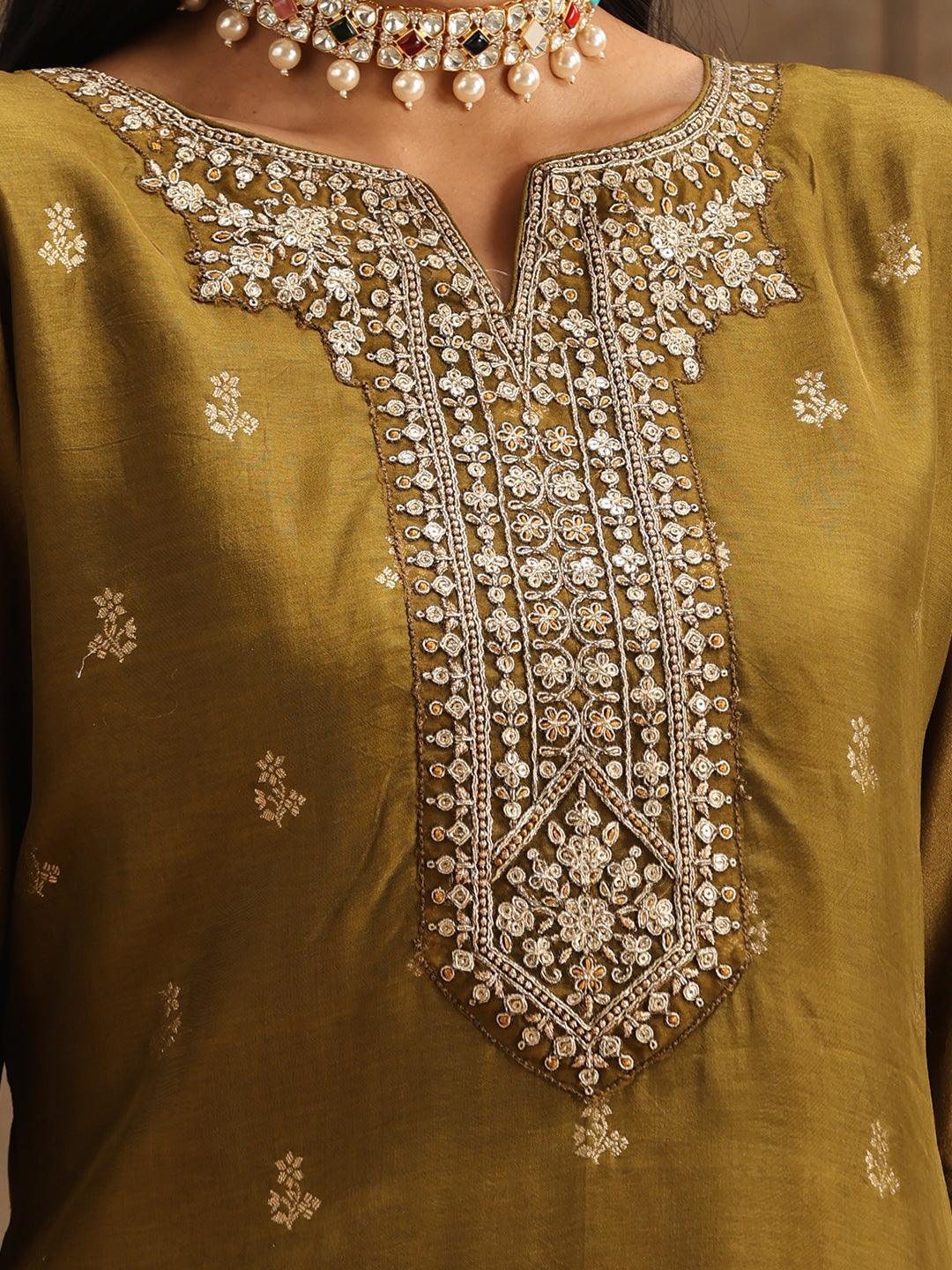 Olive Self Design Silk Suit Set With Trousers - ShopLibas 