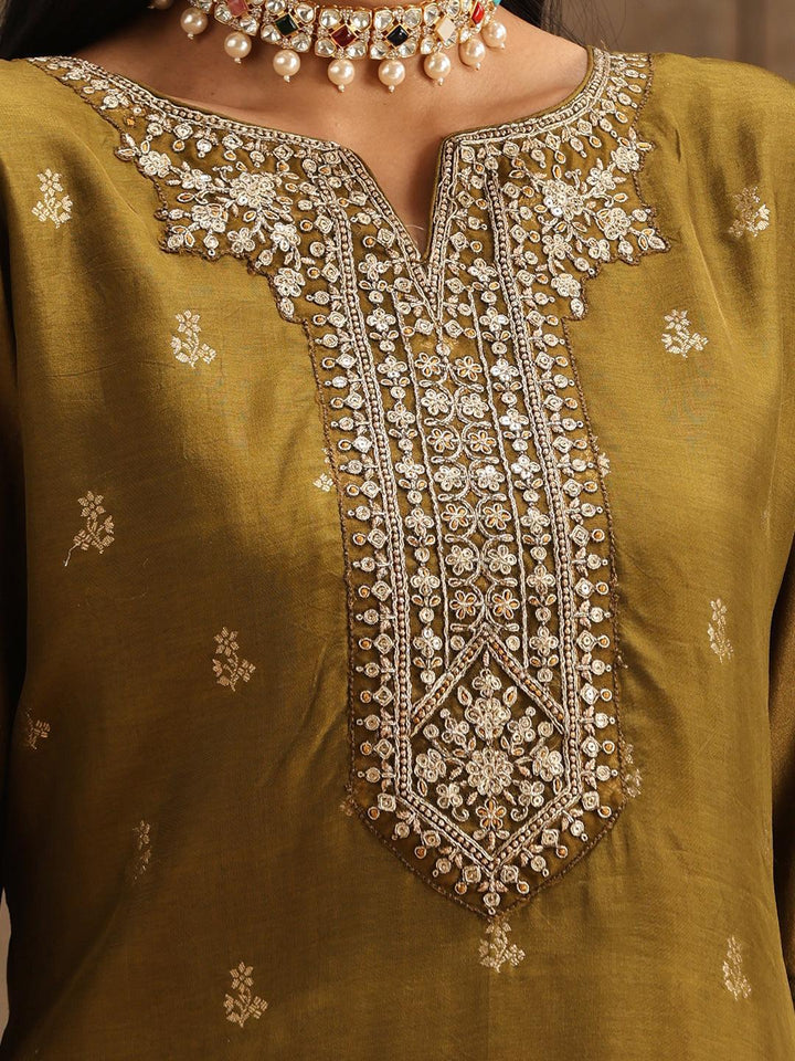 Olive Self Design Silk Suit Set With Trousers