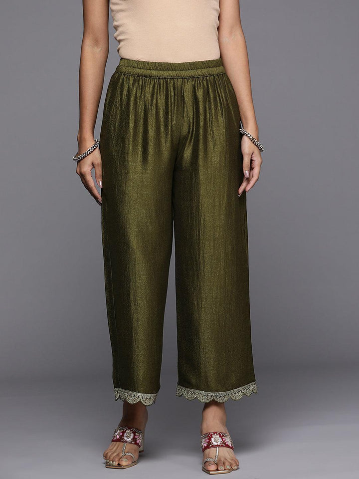 Olive Solid Silk Blend Palazzos