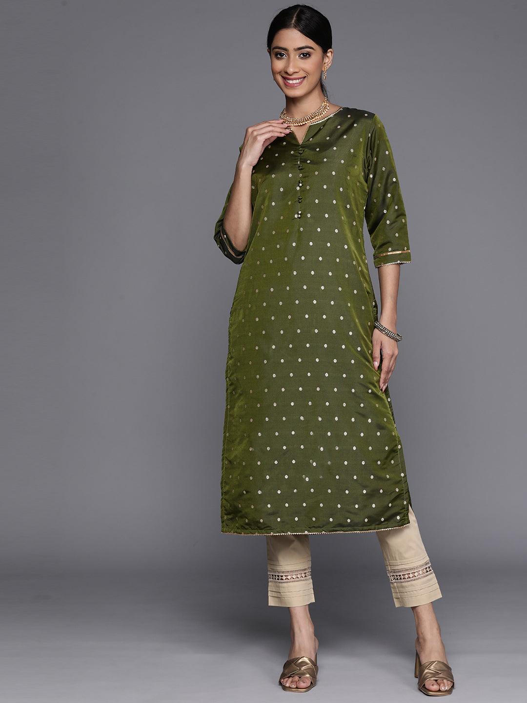Olive Woven Design Art Silk Straight Kurta - ShopLibas