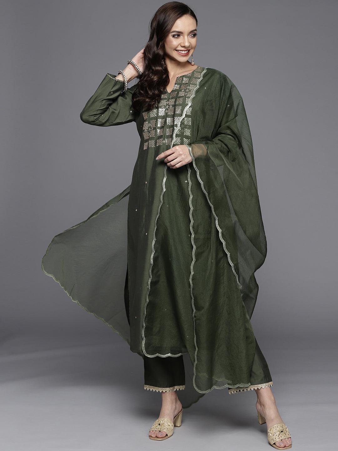 Olive Yoke Design Chanderi Silk Straight Suit Set - ShopLibas