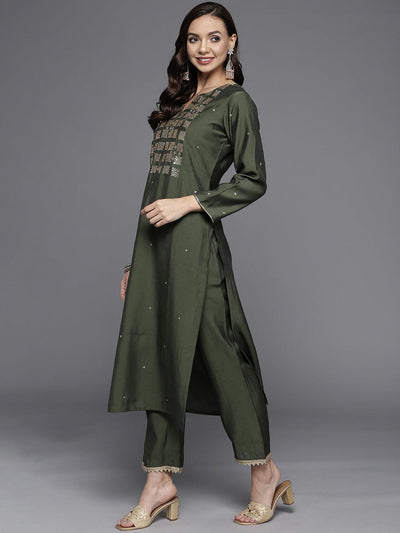 Olive Yoke Design Chanderi Silk Straight Suit Set - ShopLibas