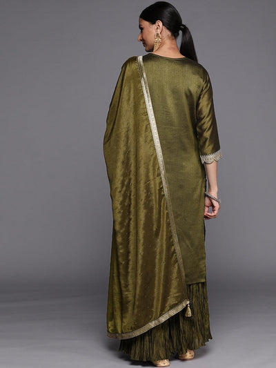 Olive Yoke Design Silk Blend Straight Suit Set - ShopLibas