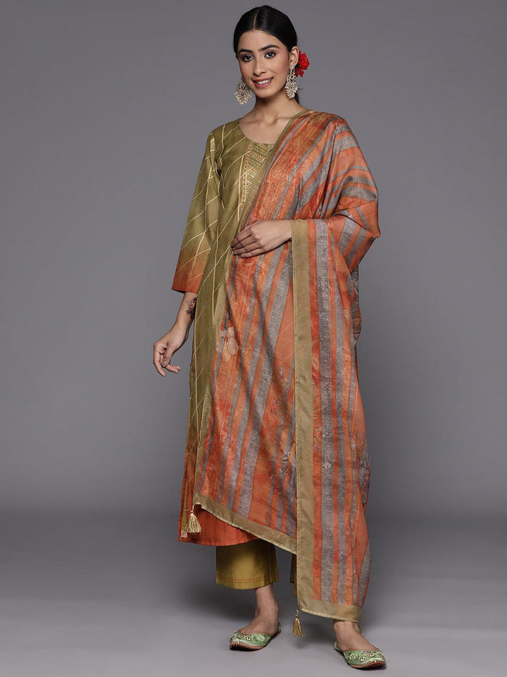 Olive Yoke Design Silk Blend Suit Set With Trousers