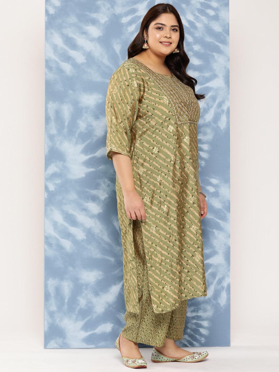 Olive Yoke Design Silk Blend Straight Kurta With Trousers and Dupatta - Libas 