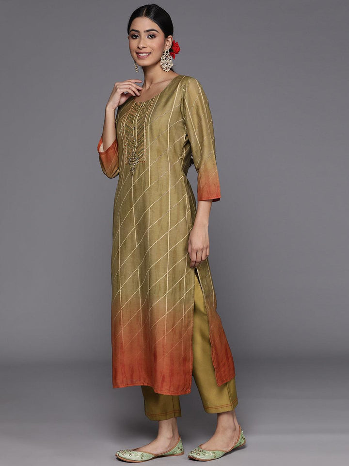 Olive Yoke Design Silk Blend Suit Set With Trousers