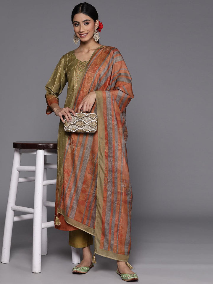 Olive Yoke Design Silk Blend Suit Set With Trousers