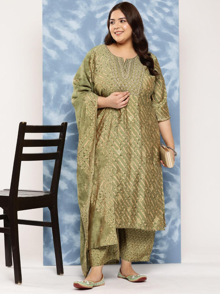 Olive Yoke Design Silk Blend Straight Kurta With Trousers and Dupatta