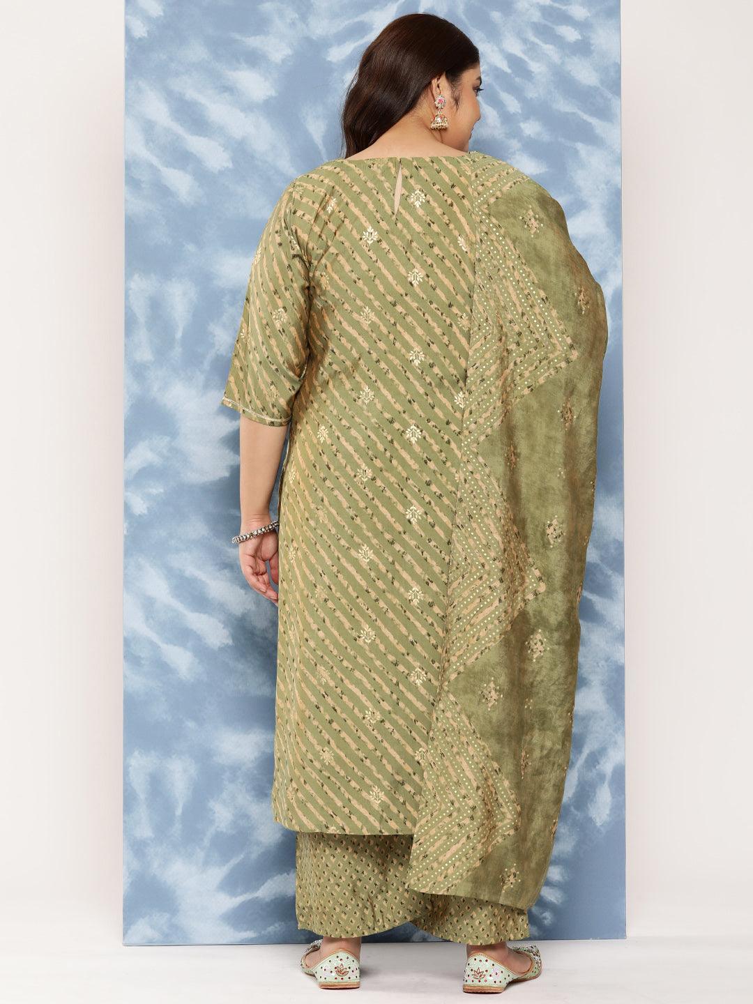 Olive Yoke Design Silk Blend Straight Kurta With Trousers and Dupatta - Libas 
