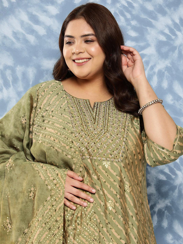 Olive Yoke Design Silk Blend Straight Kurta With Trousers and Dupatta