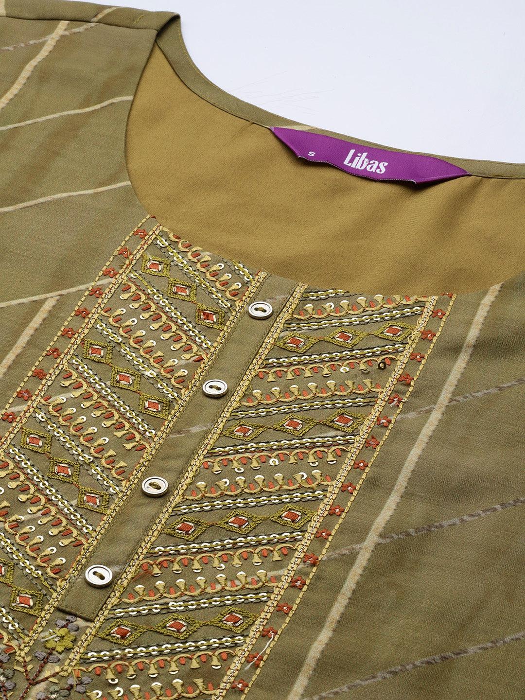 Olive Yoke Design Silk Blend Suit Set With Trousers - ShopLibas 