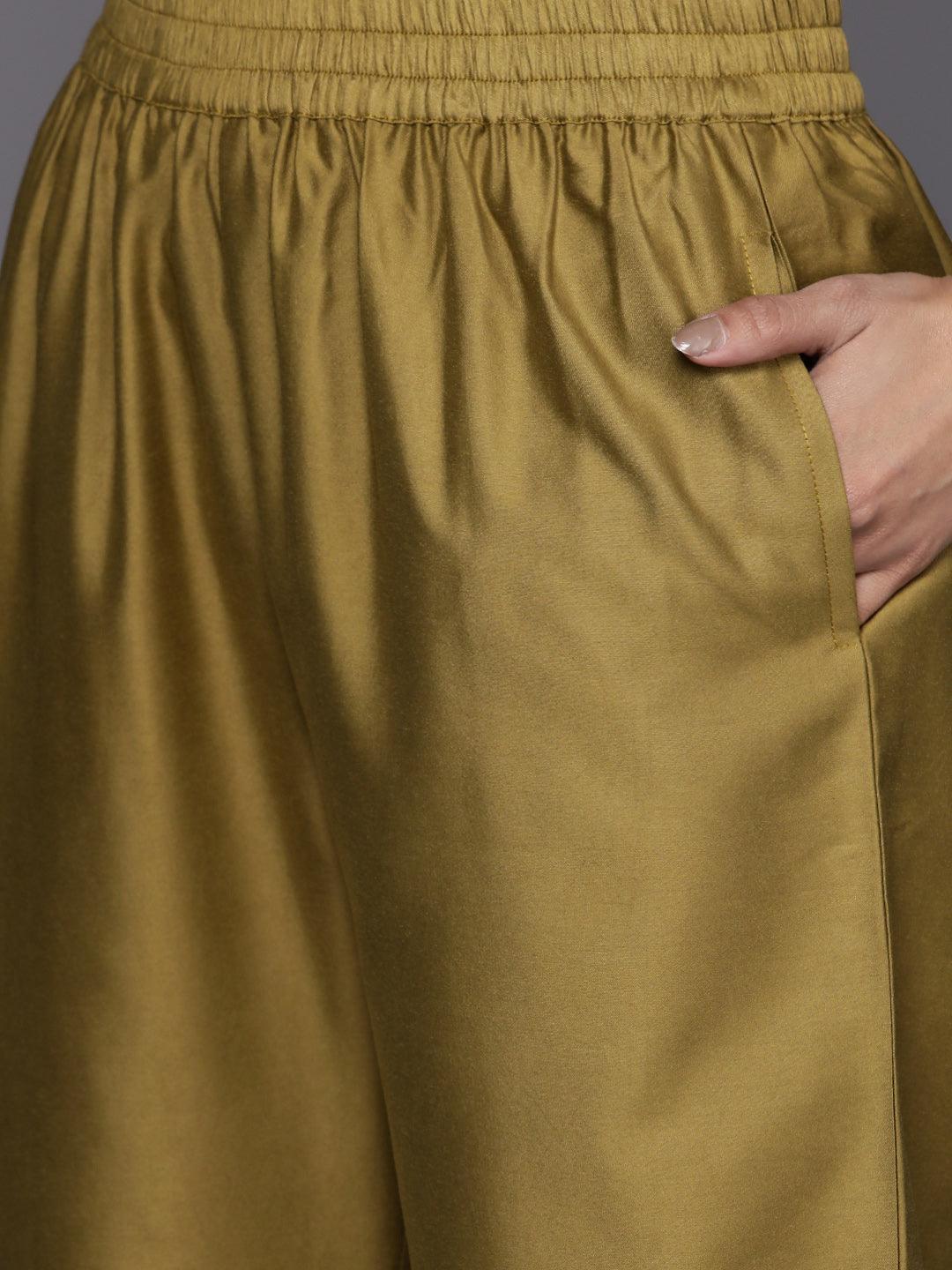 Olive Yoke Design Silk Blend Suit Set With Trousers - ShopLibas 