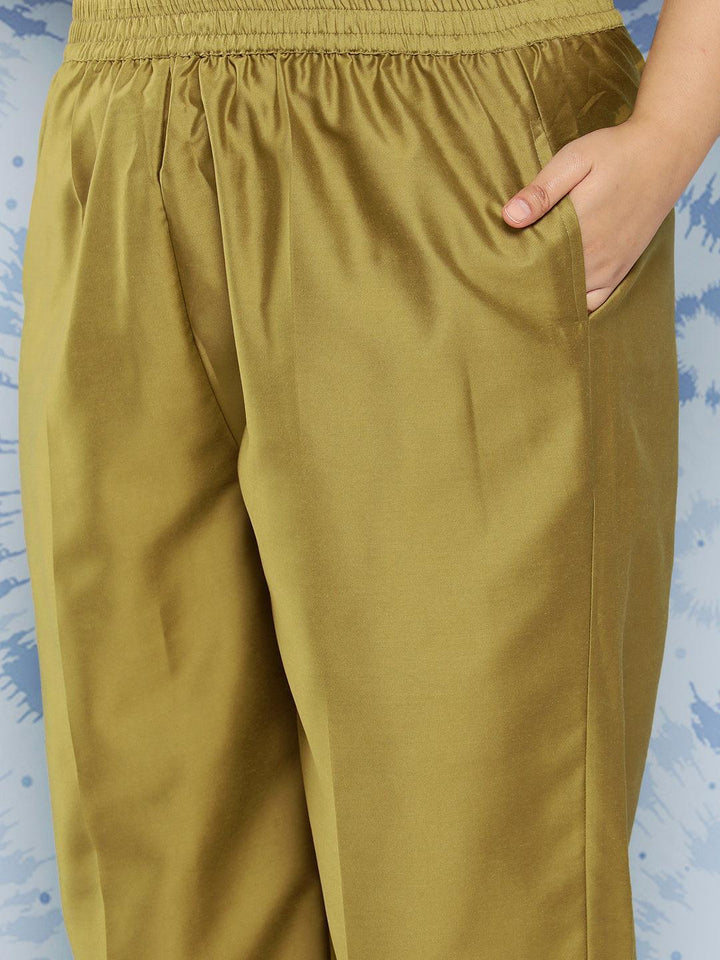 Olive Yoke Design Silk Blend Straight Kurta With Trousers and Dupatta
