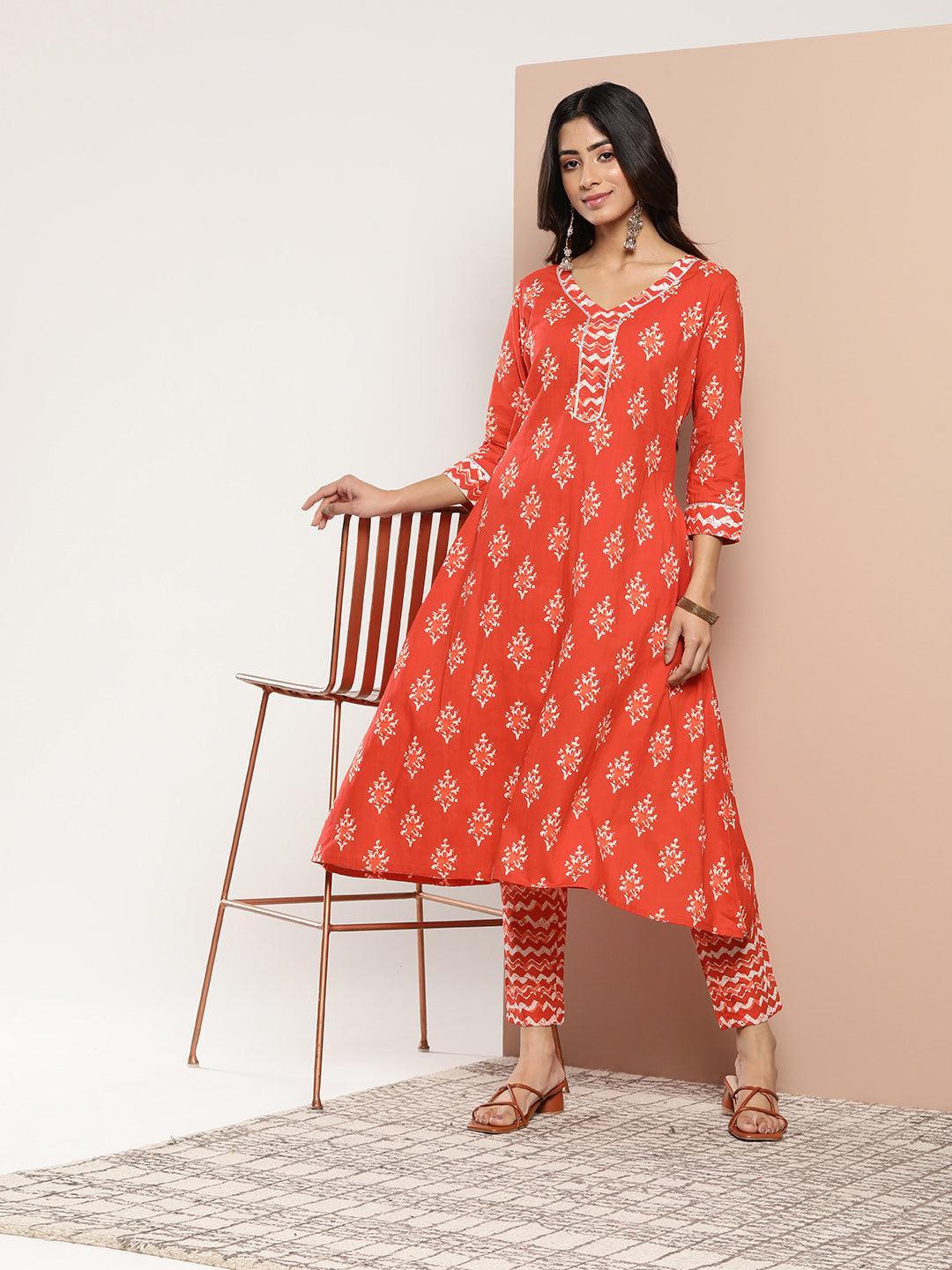 Orange Printed Cotton A-Line Kurta - ShopLibas