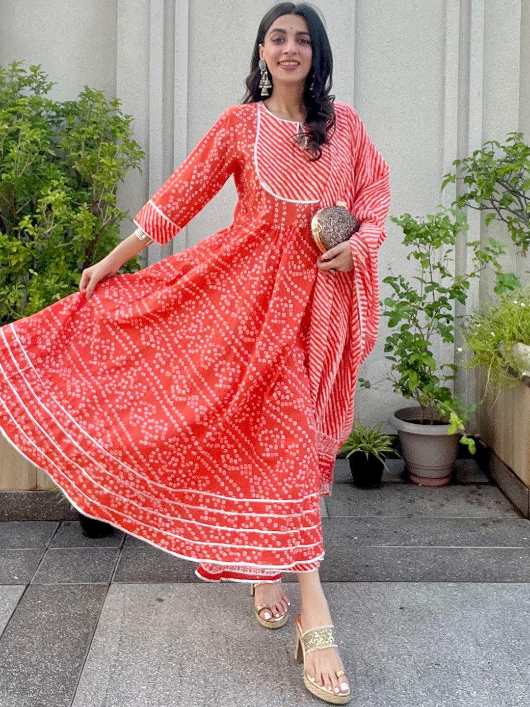 Orange Printed Cotton Anarkali Suit Set - ShopLibas