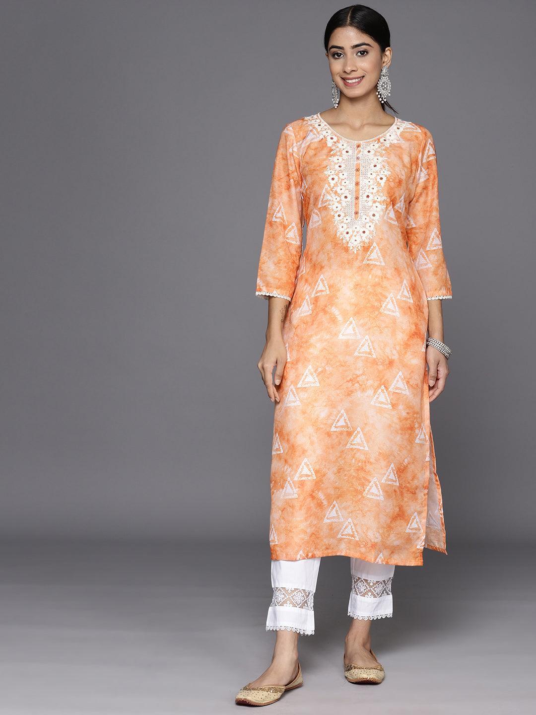 Orange Printed Cotton Straight Kurta - Libas 