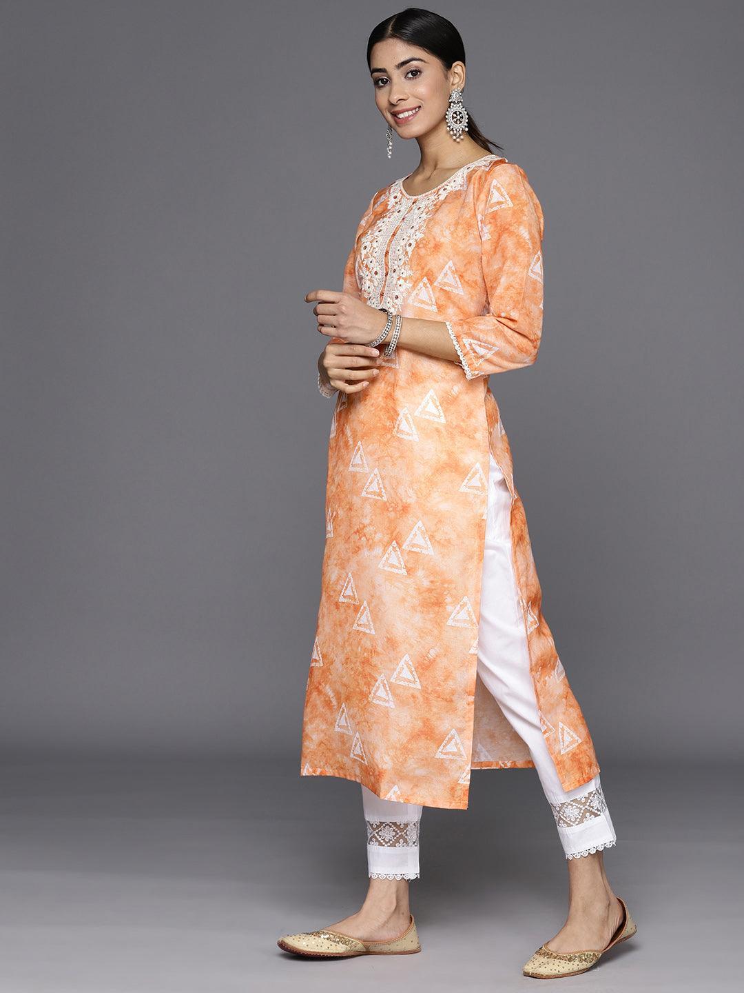 Orange Printed Cotton Straight Kurta - Libas 