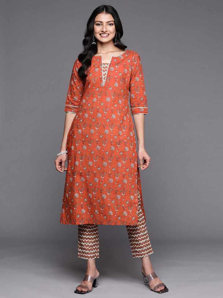 Orange Printed Cotton Straight Kurta Set With Trousers