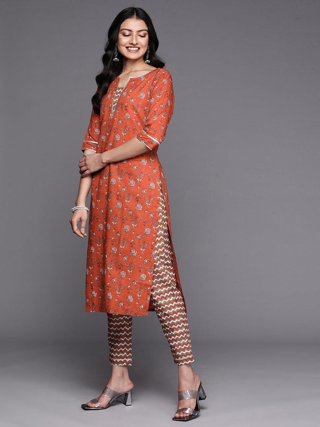 Orange Printed Cotton Straight Kurta Set With Trousers - ShopLibas 