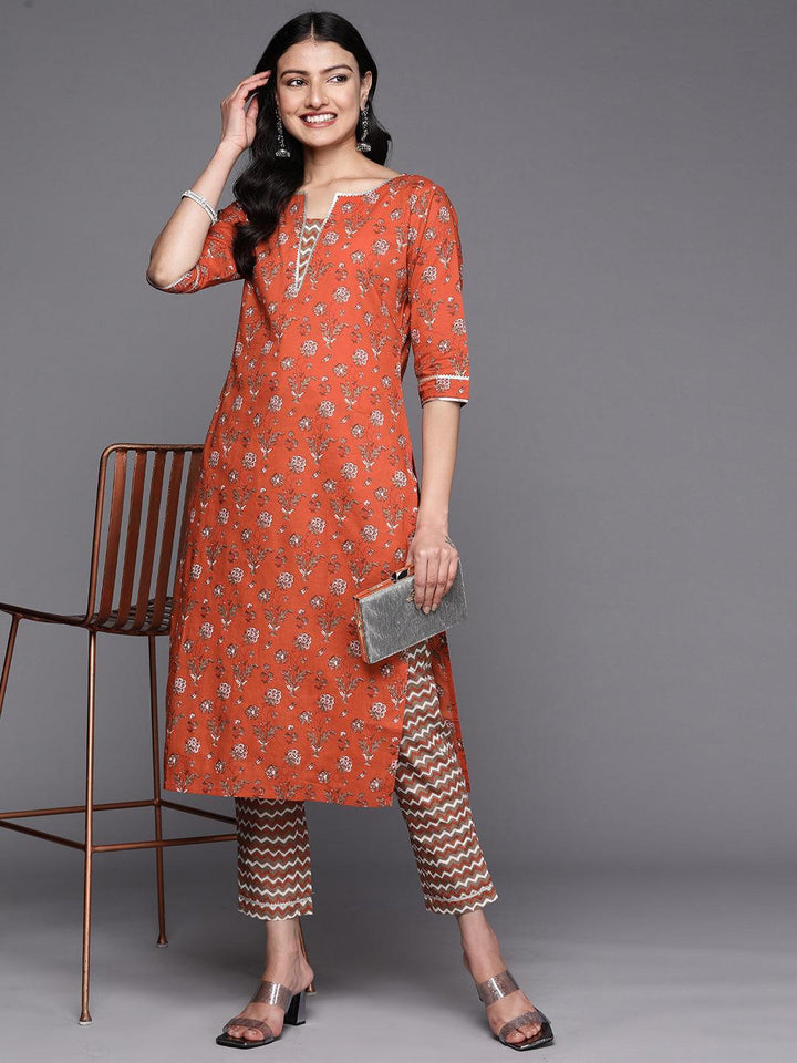 Orange Printed Cotton Straight Kurta Set With Trousers