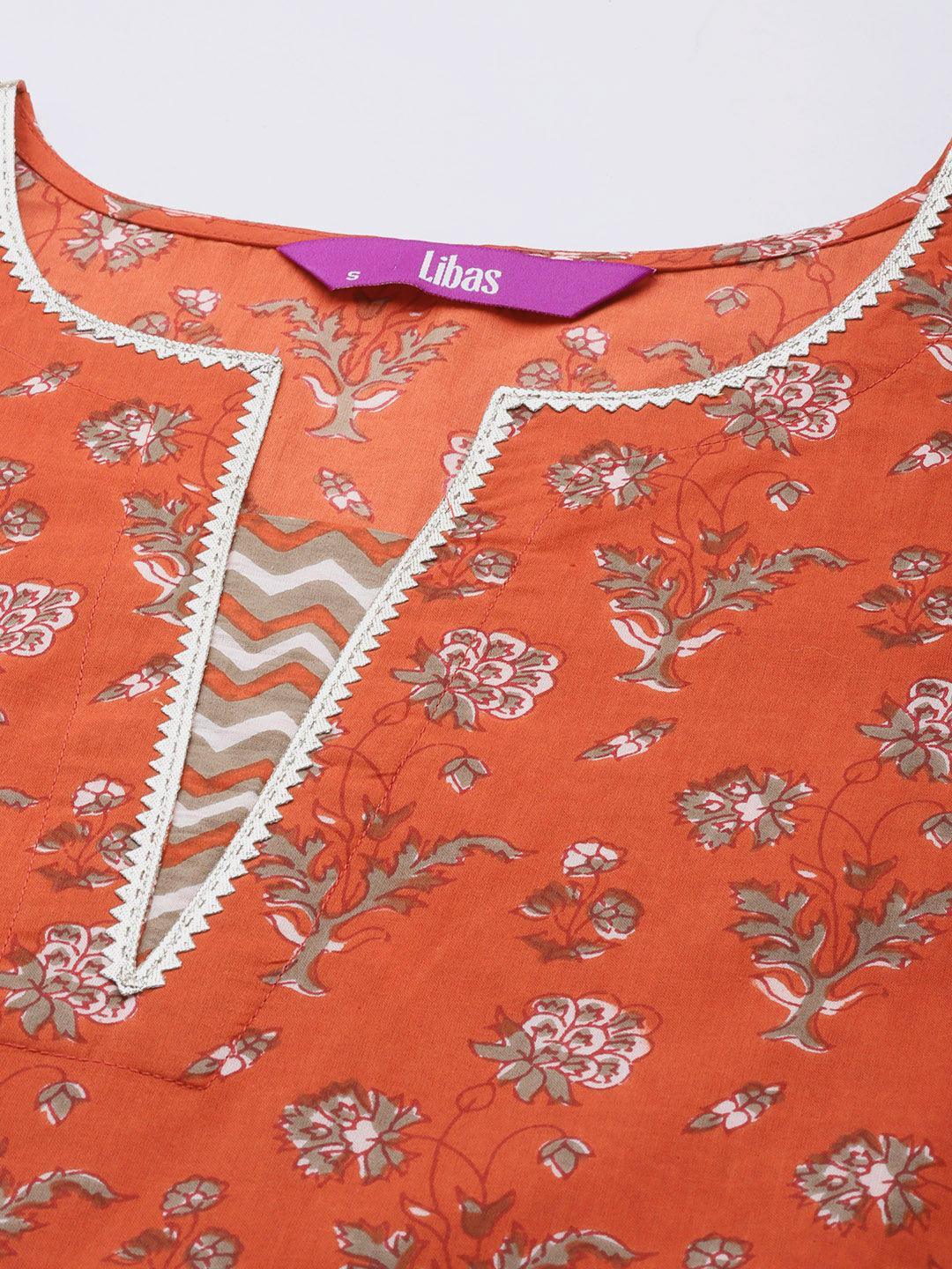 Orange Printed Cotton Straight Kurta Set With Trousers - ShopLibas 