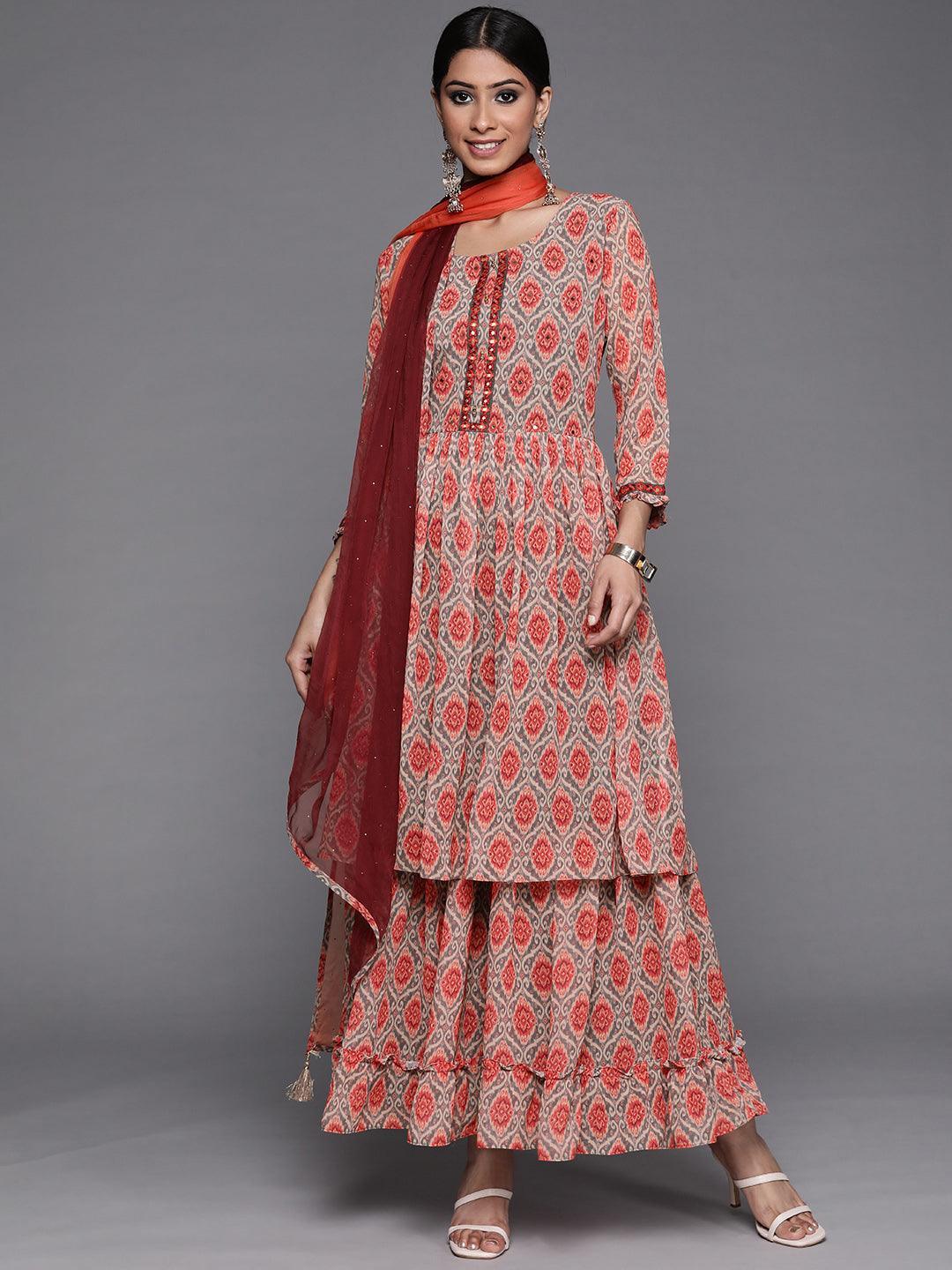 Orange Printed Georgette Suit Set - ShopLibas