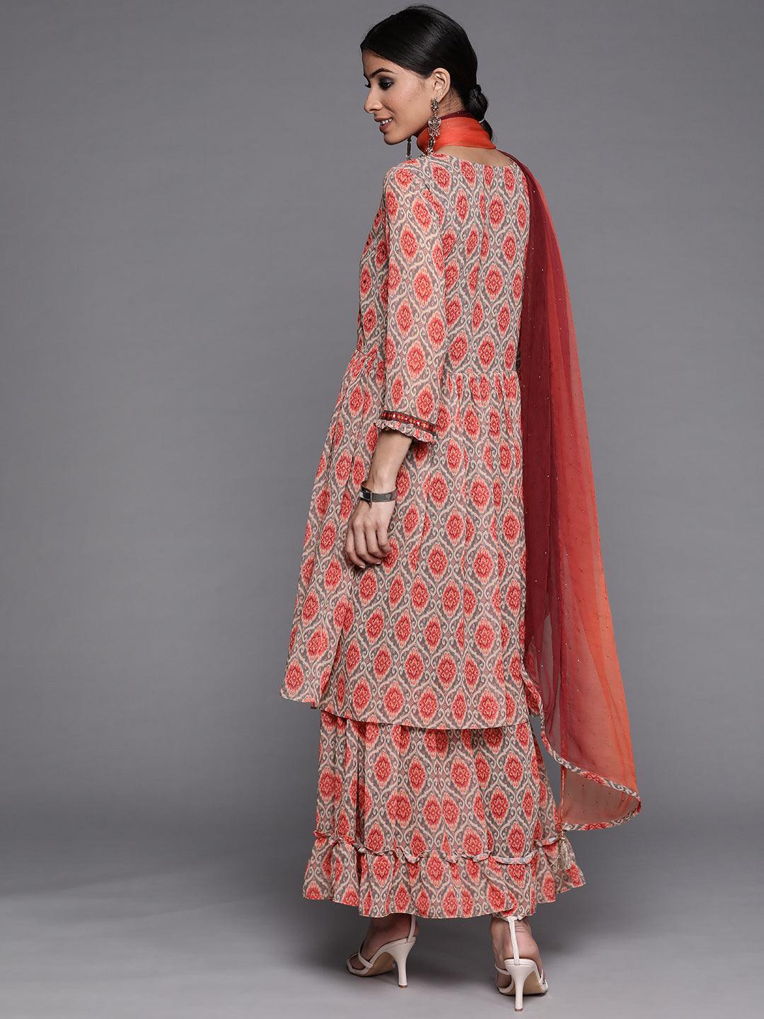 Orange Printed Georgette Suit Set - ShopLibas