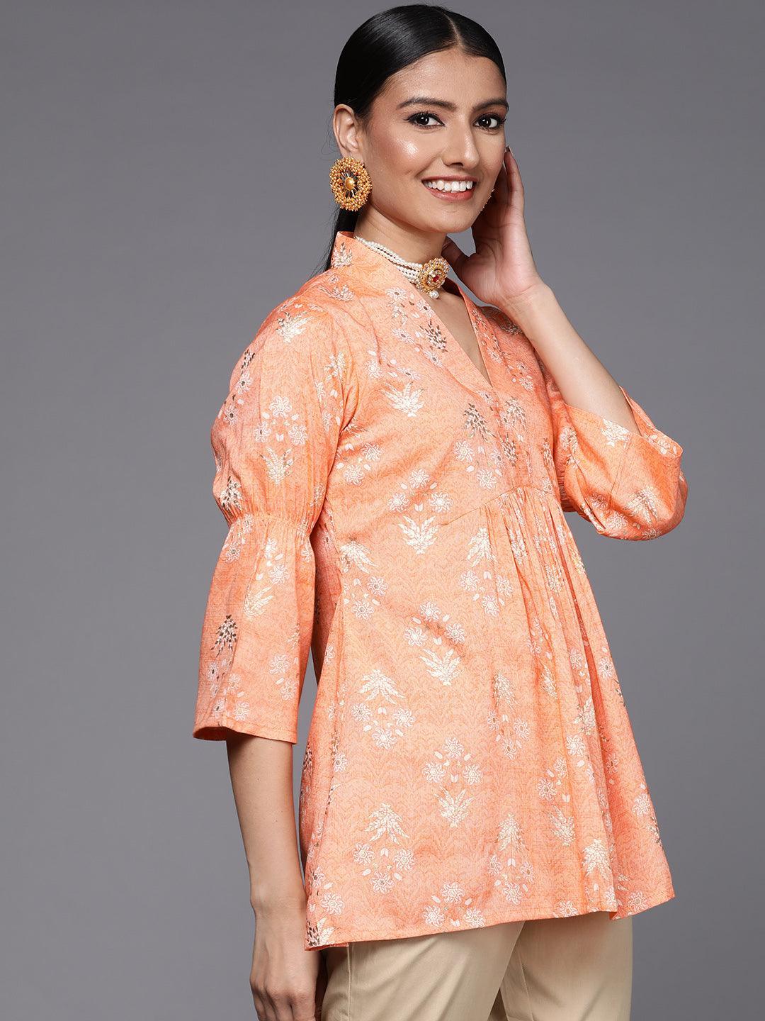 Orange Printed Rayon A-Line Kurti - ShopLibas