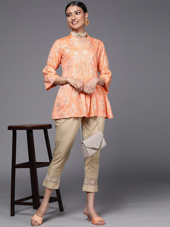 Orange Printed Rayon A-Line Kurti - ShopLibas