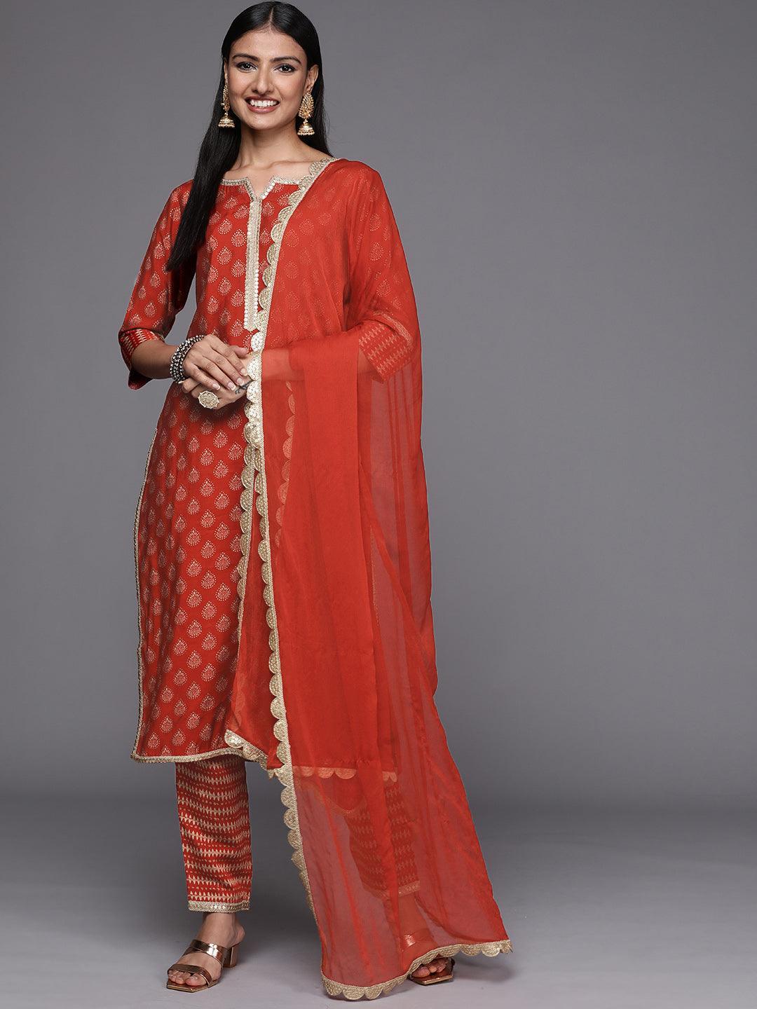 Orange Printed Silk Blend Straight Suit Set - ShopLibas