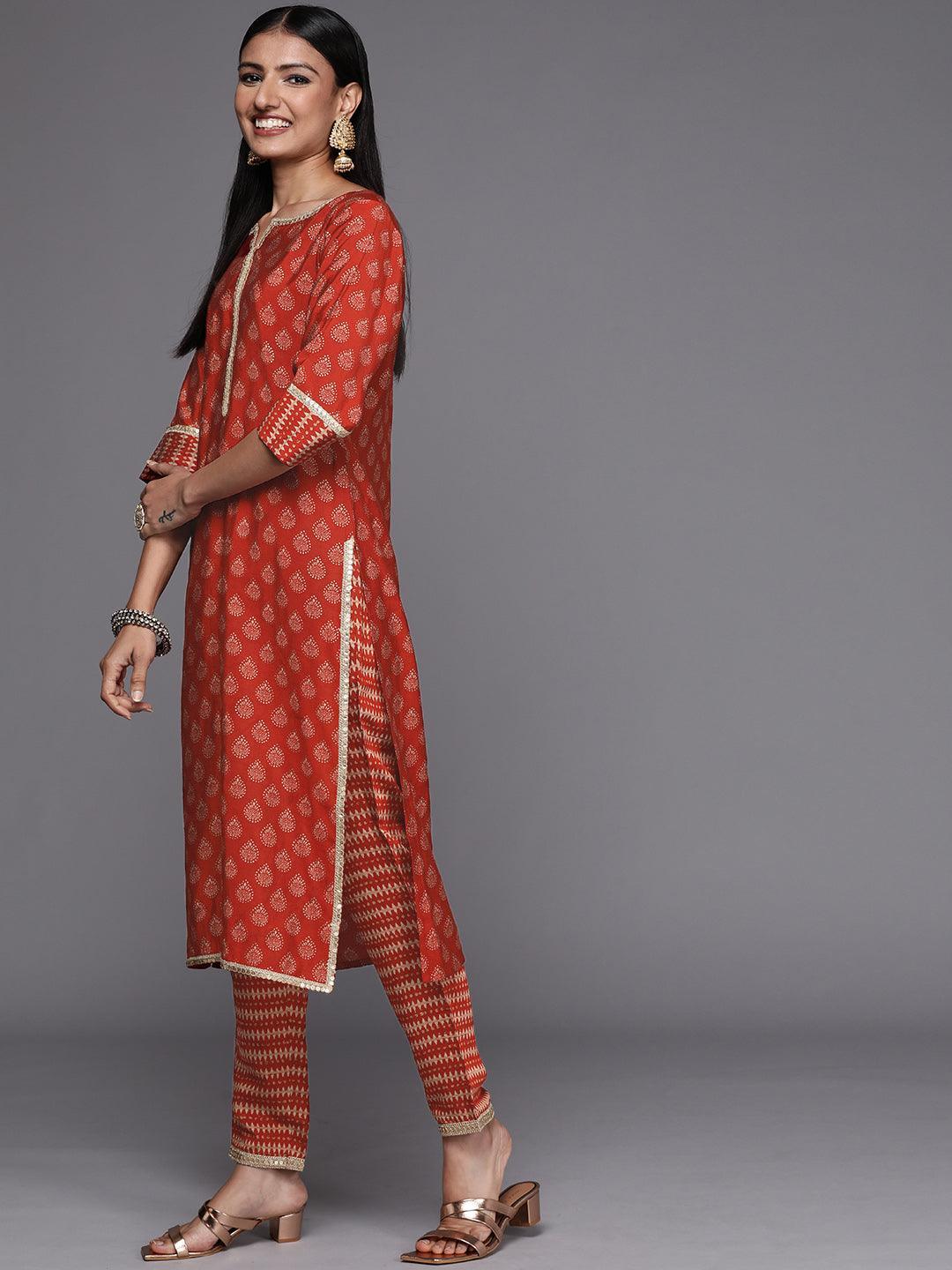 Orange Printed Silk Blend Straight Suit Set - ShopLibas