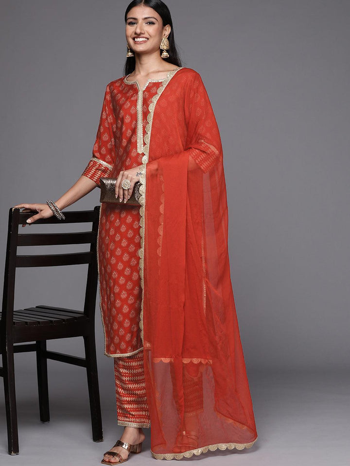 Orange Printed Silk Blend Straight Suit Set - ShopLibas