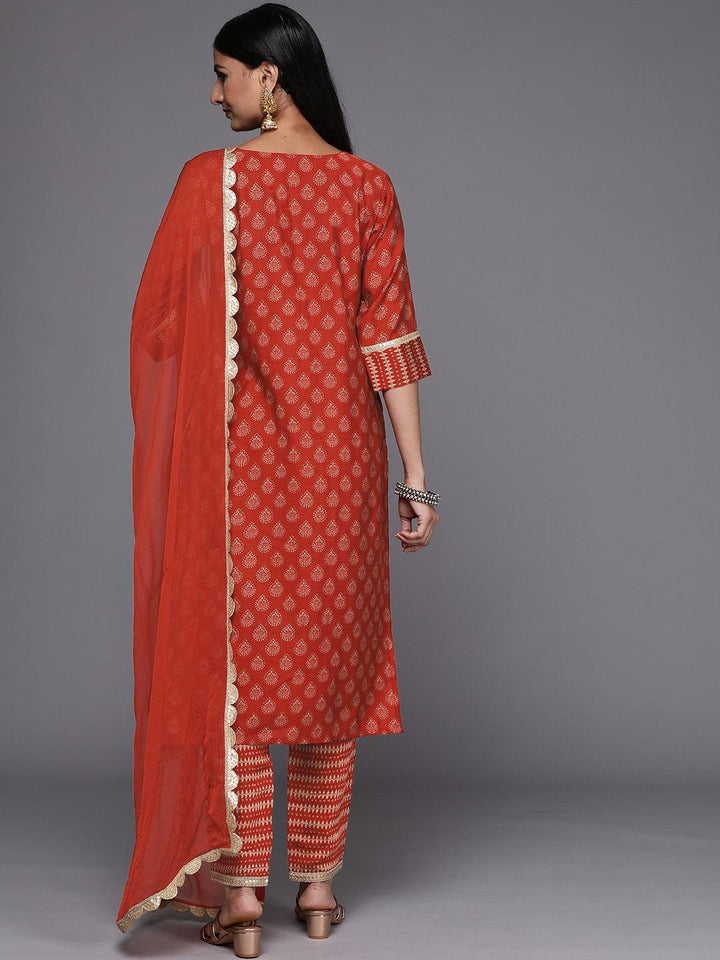 Orange Printed Silk Blend Straight Suit Set - ShopLibas