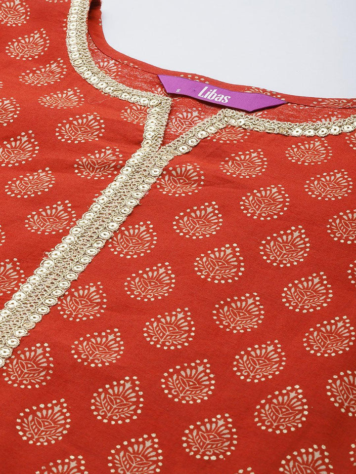 Orange Printed Silk Blend Straight Suit Set - ShopLibas