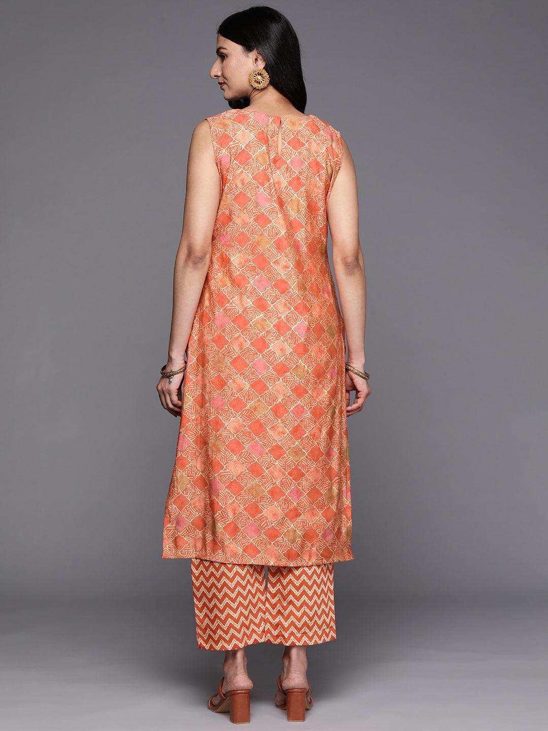 Orange Printed Silk Blend Straight Kurta Set With Trousers - ShopLibas 