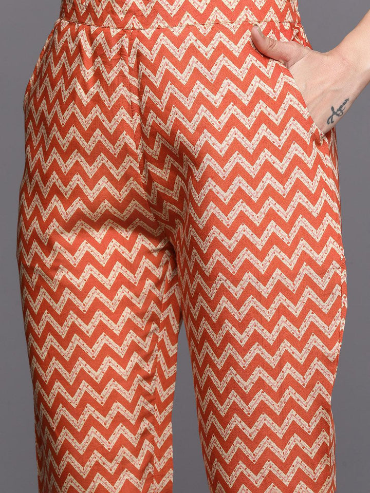 Orange Printed Silk Blend Straight Kurta Set With Trousers