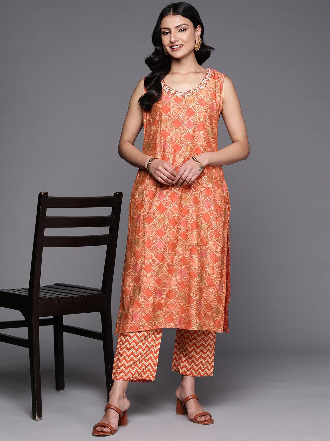 Orange Printed Silk Blend Straight Kurta Set With Trousers - ShopLibas 