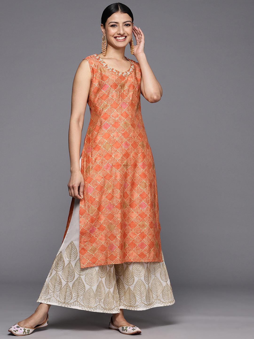 Orange Printed Silk Straight Kurta - ShopLibas