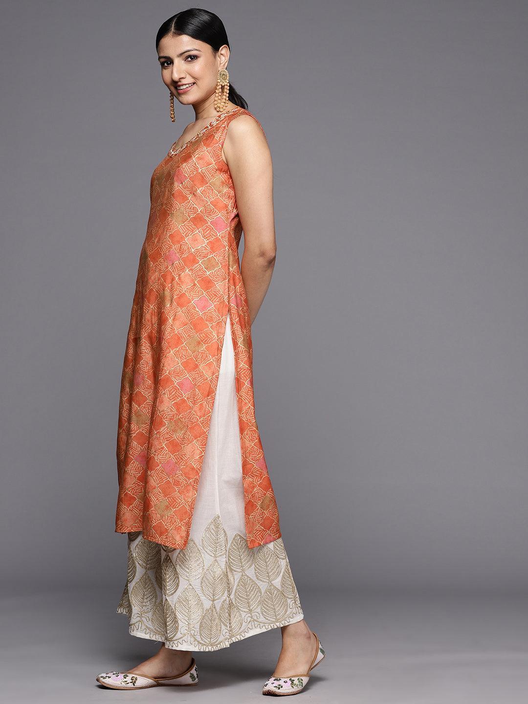 Orange Printed Silk Straight Kurta - ShopLibas 