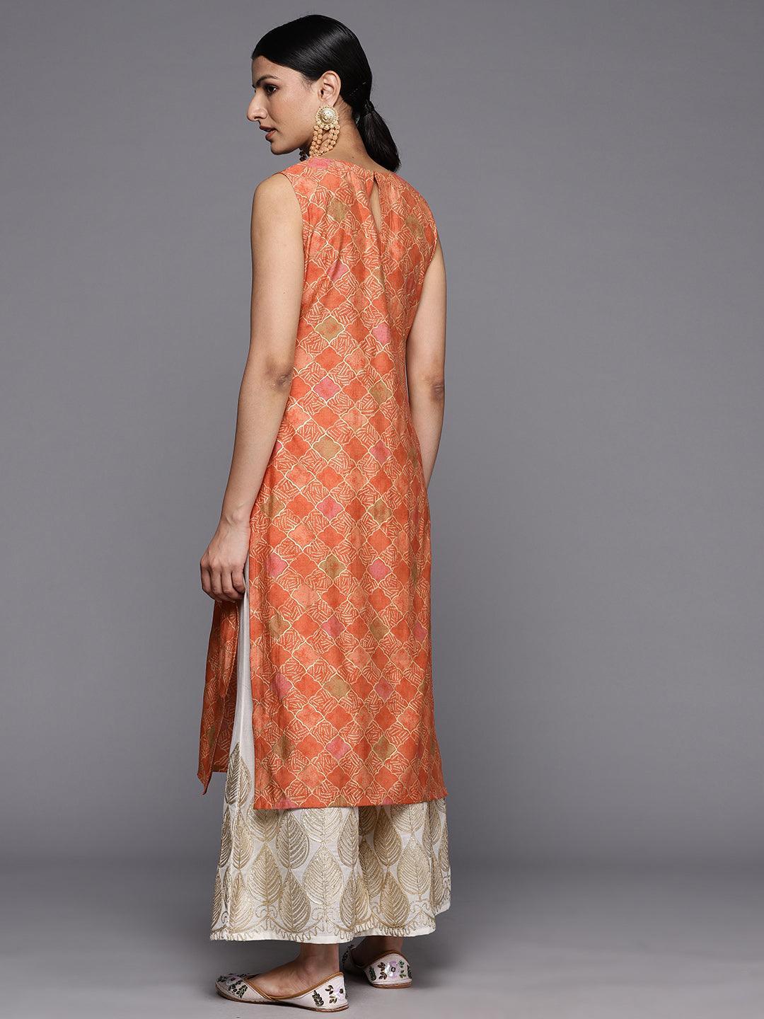 Orange Printed Silk Straight Kurta - ShopLibas 