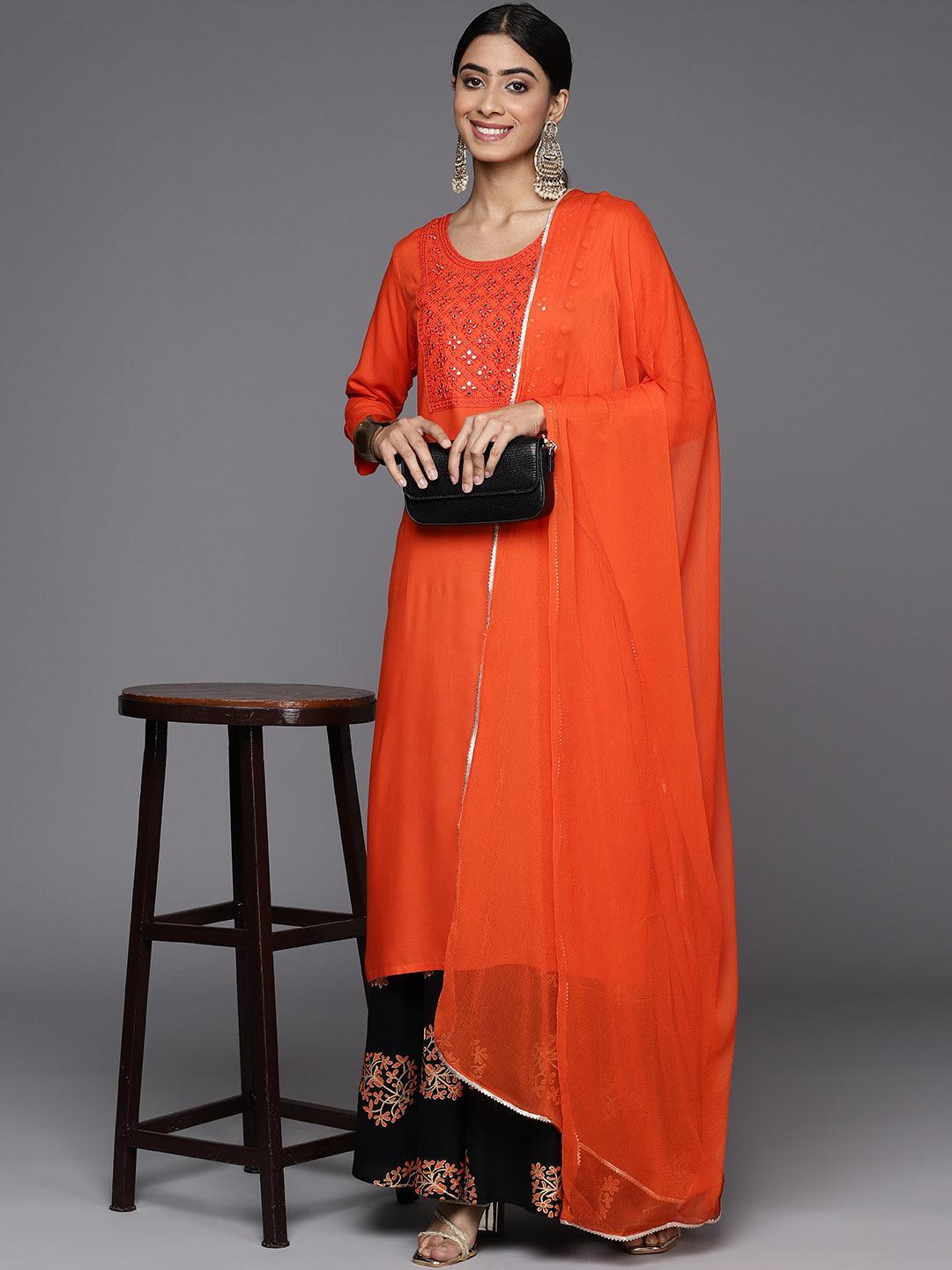 Orange Yoke Design Rayon Straight Kurta With Skirt & Dupatta - Libas 