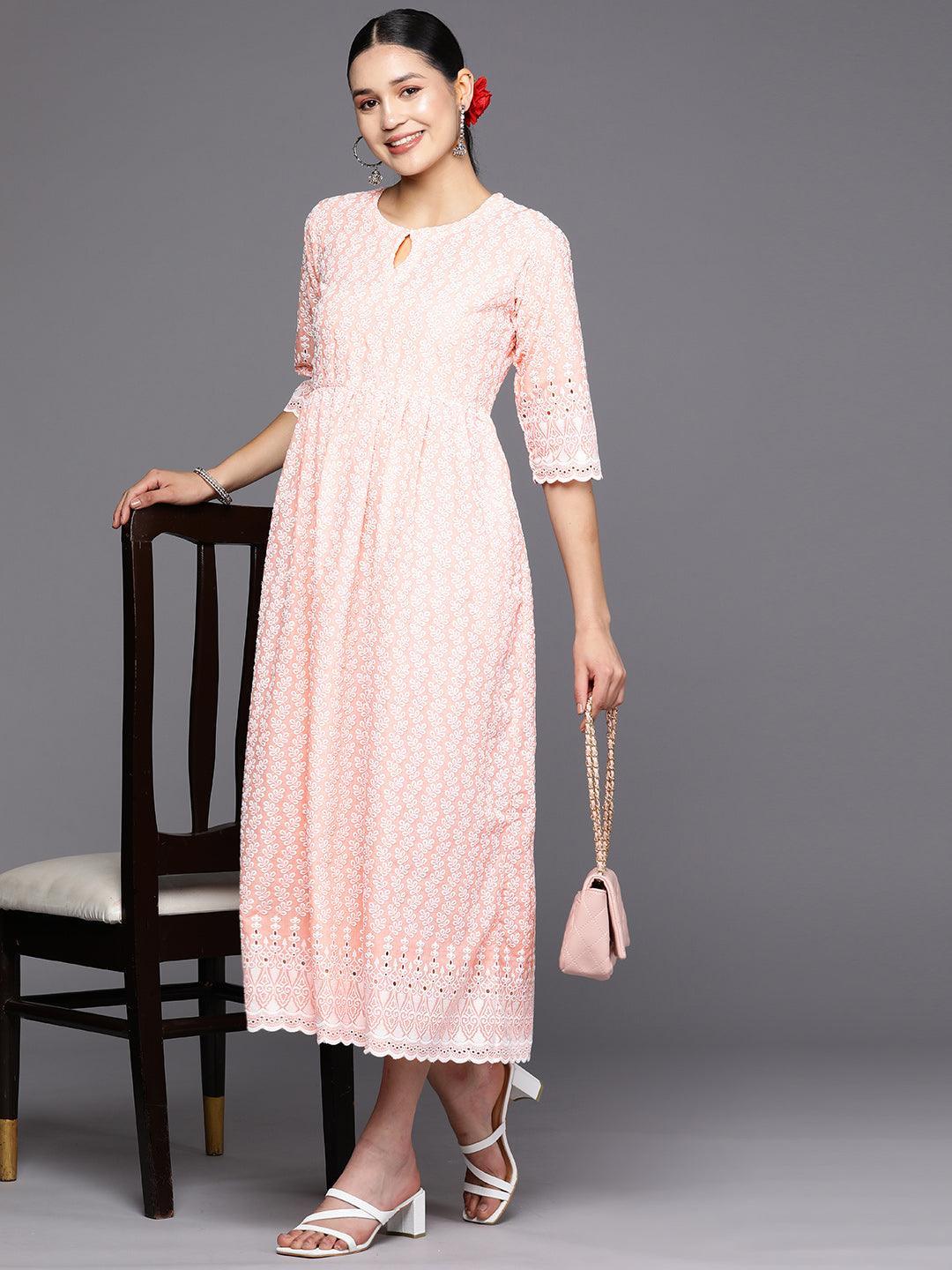 Peach Embroidered Cotton Fit and Flare Dress - ShopLibas