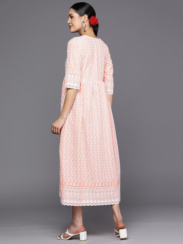Peach Embroidered Cotton Fit and Flare Dress - ShopLibas