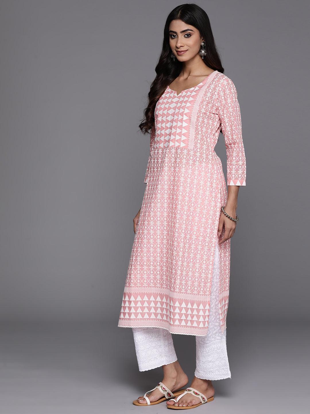 Peach Embroidered Cotton Straight Kurta - Libas 