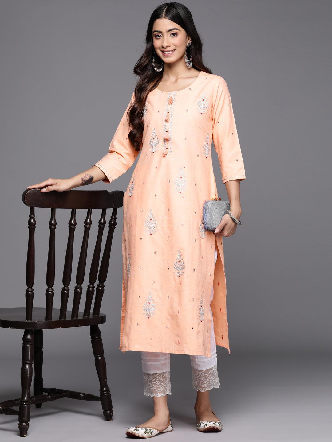 Peach Embellished Cotton Straight Kurta - Libas 