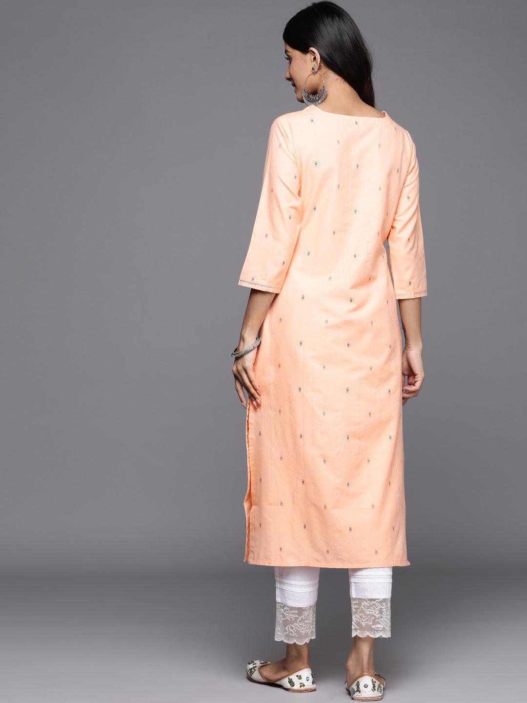 Peach Embellished Cotton Straight Kurta - Libas 