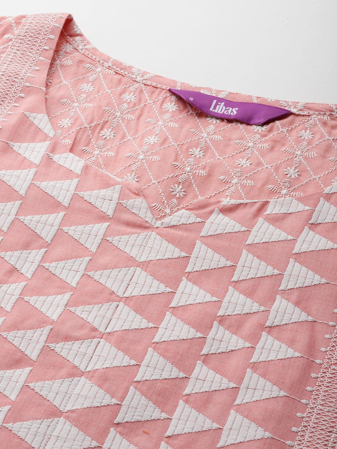 Peach Embroidered Cotton Straight Kurta - Libas 